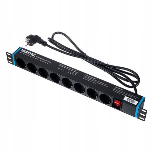 Zásuvková Lišta Varytec pro Rack 1U 8 zásuvek 3680 W 1,65 m vypínač Černá