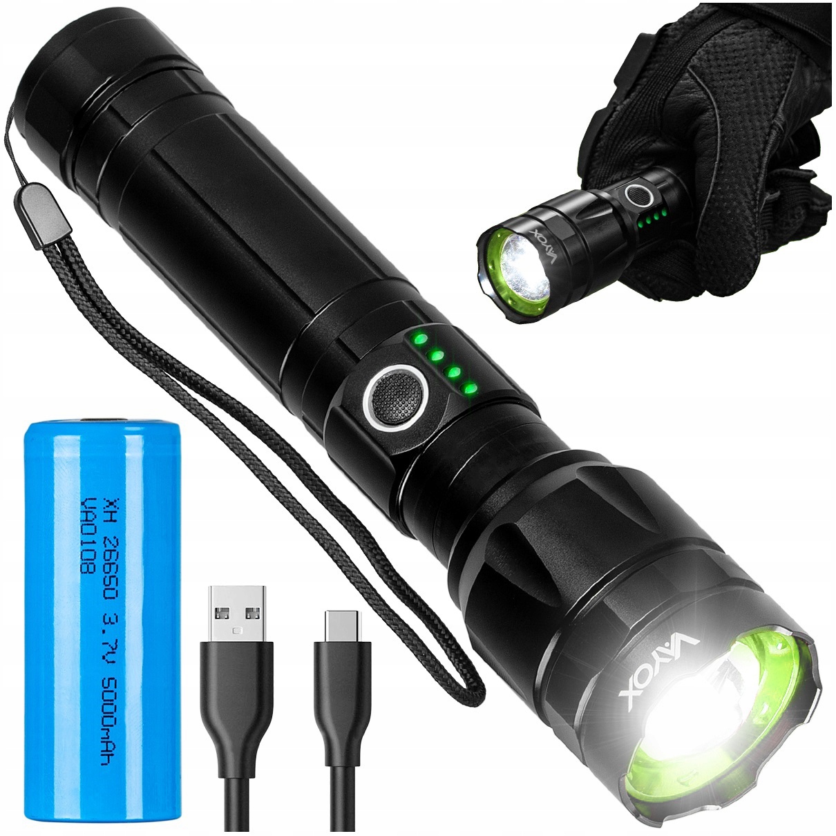 Latarka Led Taktyczna Akumulatorowa Mocna Usb-c Zoom 30W 1060lm Pro Vayox