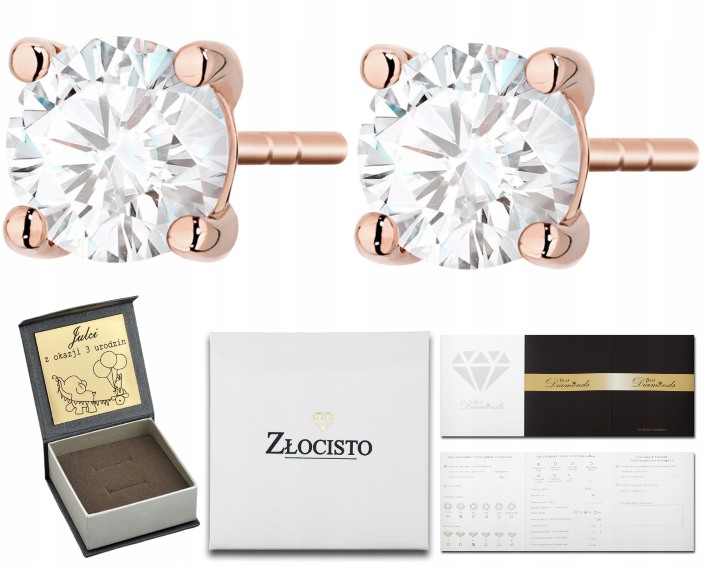 Růžové Zlato Náušnice Diamanty Lab Tyčinka Šroub Zlato 585