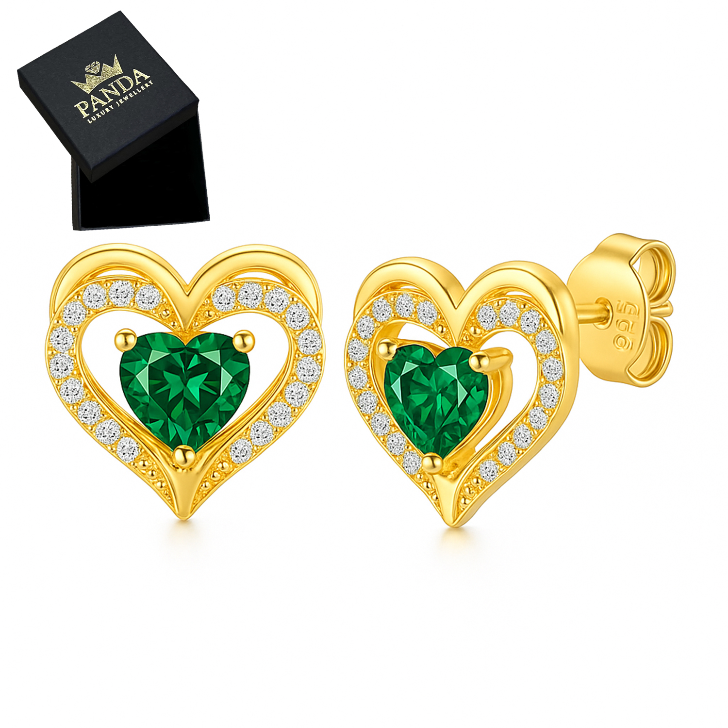 Náušnice Pozlacené srdce se zeleným krystalem a bílými zirkony 925