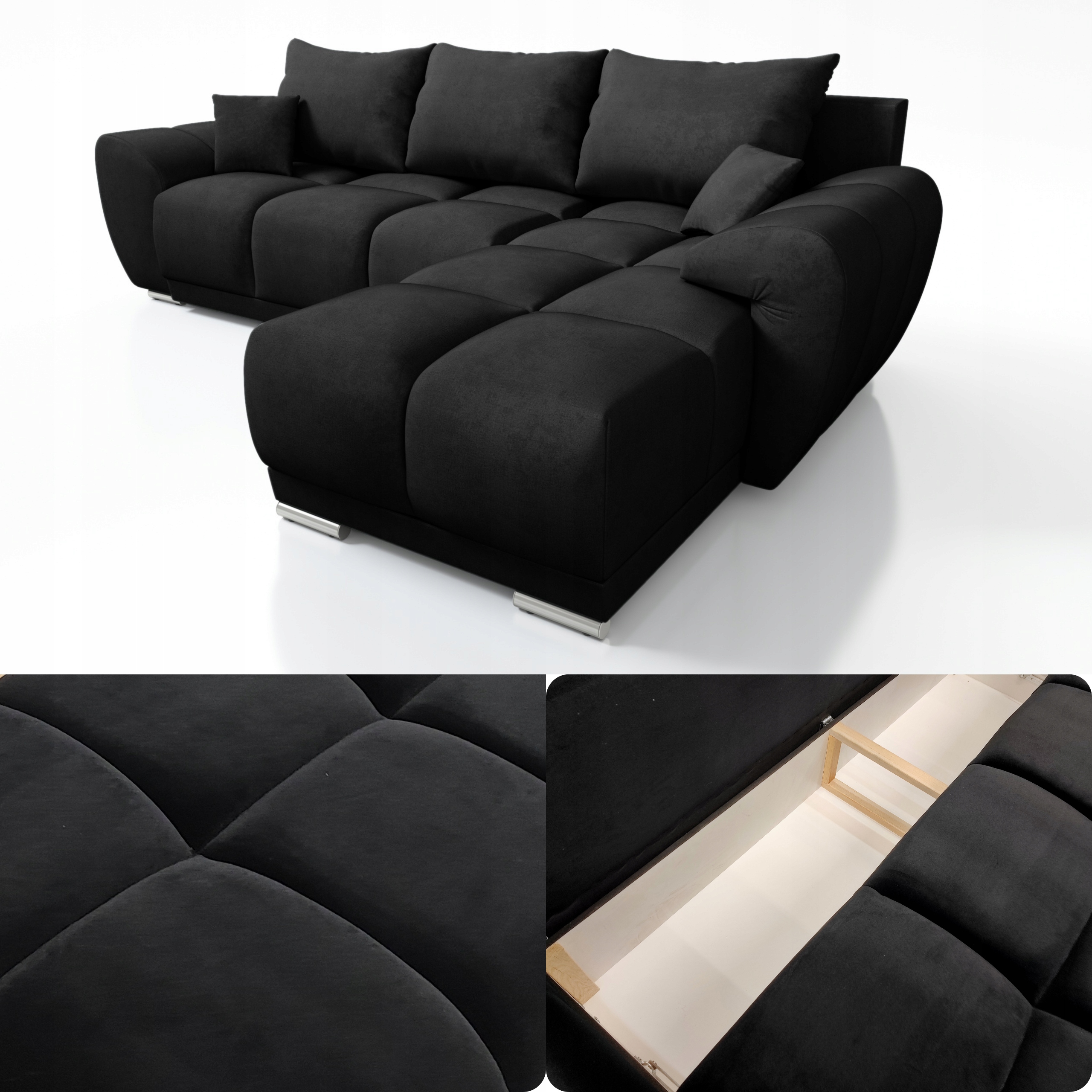 Černá Rohová Sedací Souprava Honey L Rohová Sedačka Matt Velvet s funkcí spaní