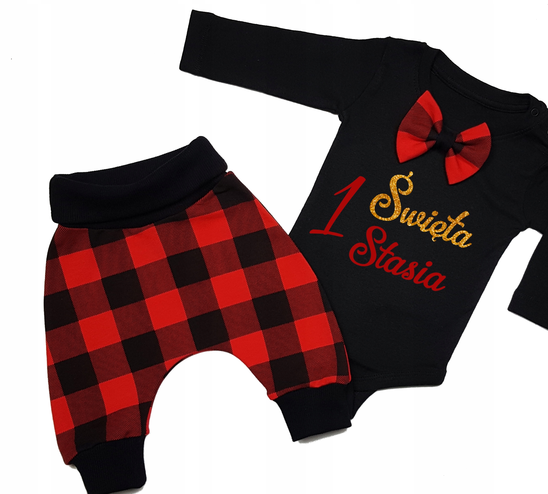 

Świąteczny zestaw z imieniem body spodnie 80