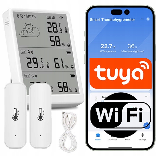 Stacja pogodowa 2x czujnik zewnętrzny temperatury i wilgotności WiFi Tuya