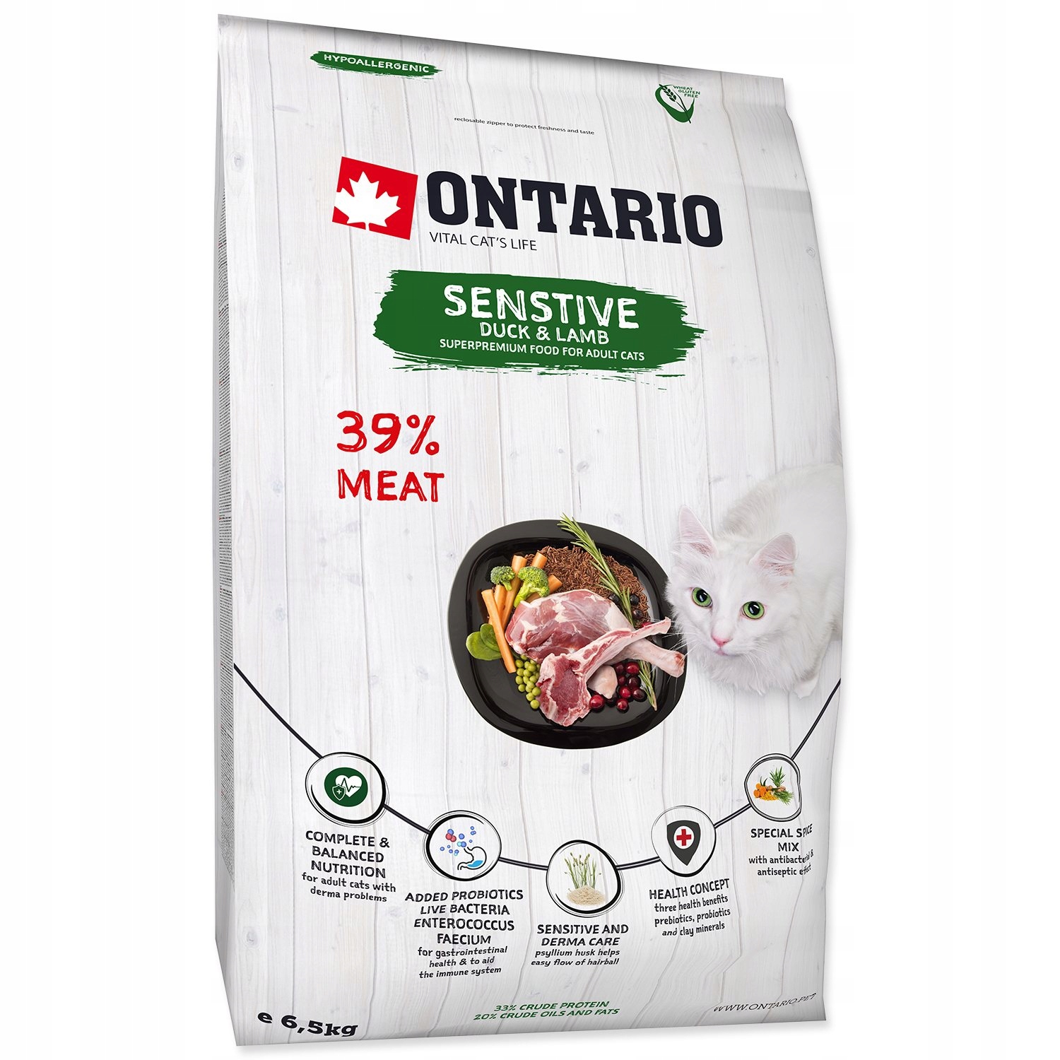 Levně Krmivo Ontario Cat Sensitive/Derma 6,5kg