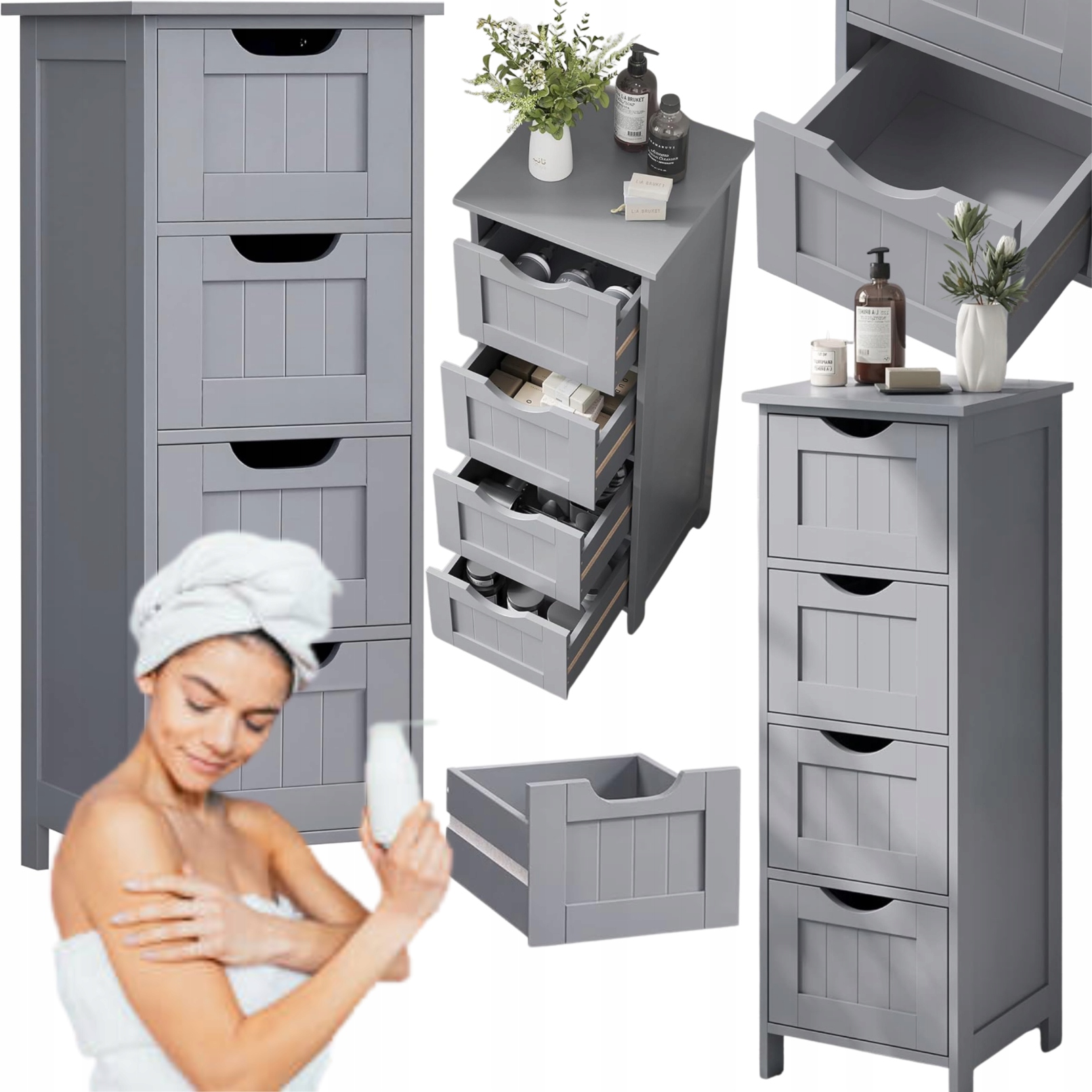 Kúpeľňová skrinka Úzka Stojaca skrinka so zásuvkami Regál na chémiu, sivý