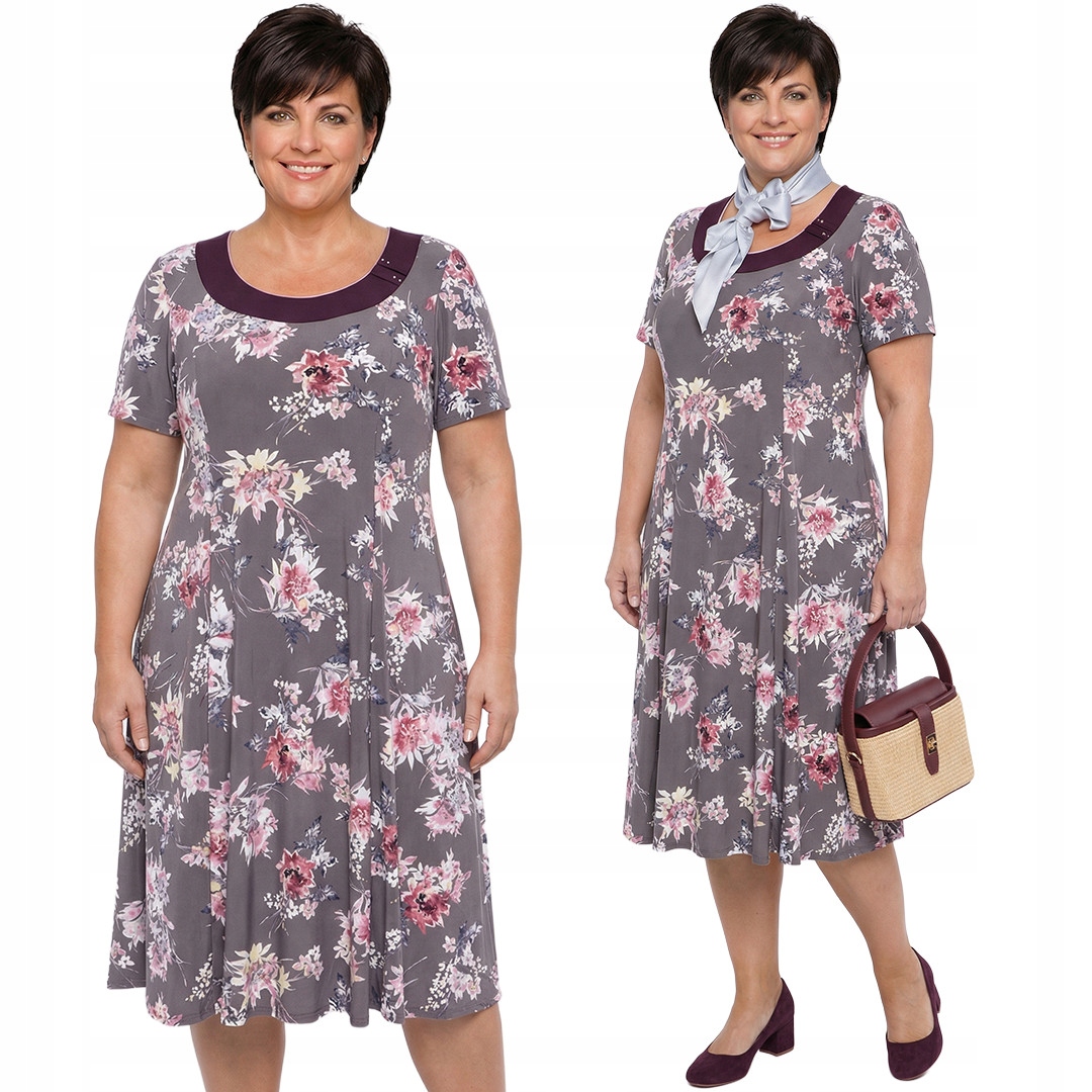 Kávové šaty s bílými a růžovými květy a velikostí velikost 48/50