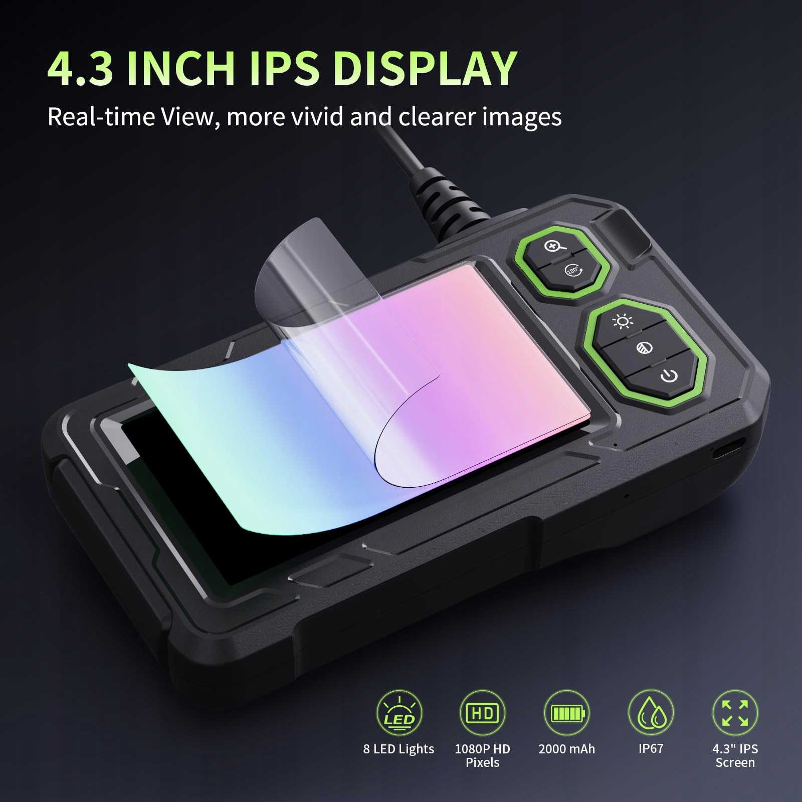 HOPEFOX Kamera Inspekcyjna 1080P HD 5M IP67 Wodoodporna 8 LED 4.3 Cal — miniatura 2