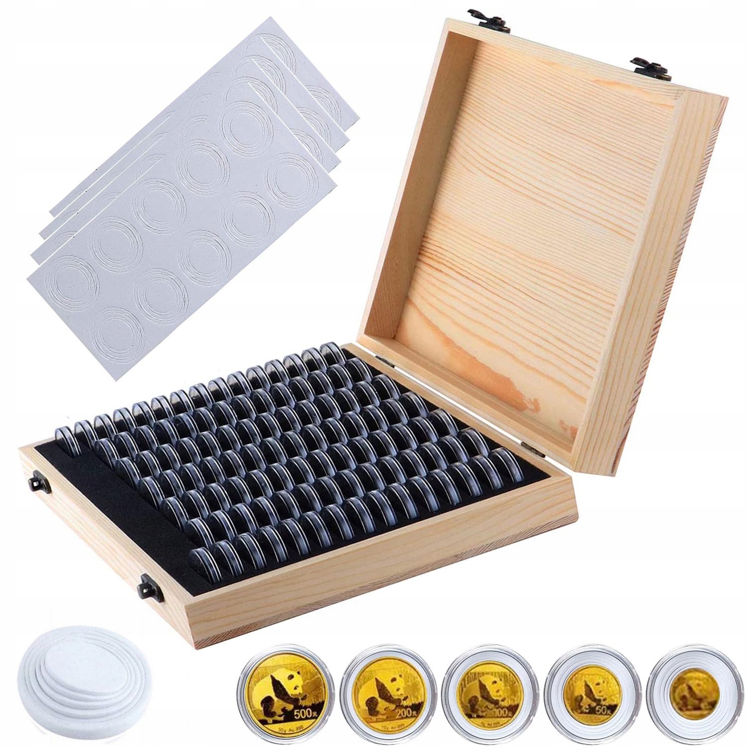 Dřevěná Krabička Na Mince S Kulatými Plastovými Kapslemi Na Mince