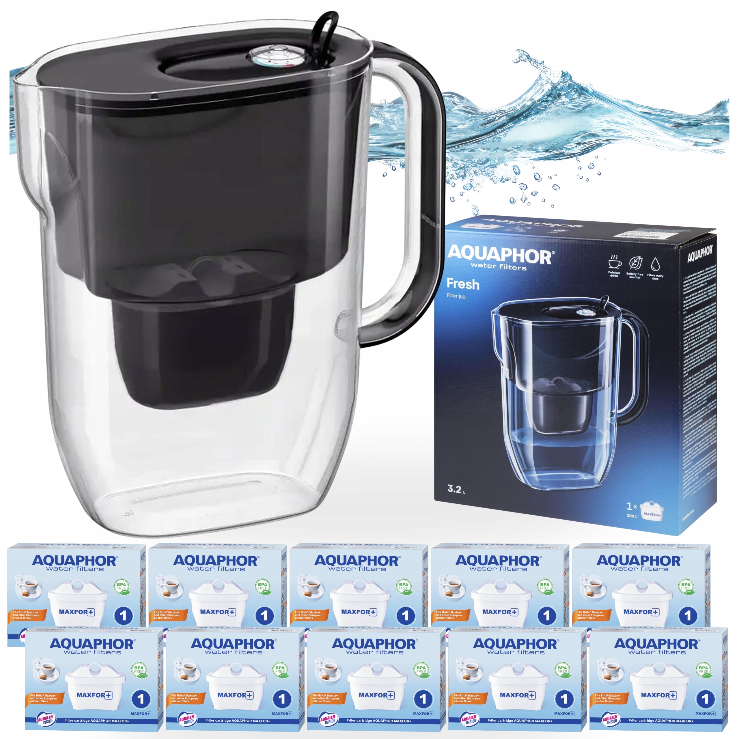 Filtrační konvice na vodu Aquaphor Fresh 3,2L Černá s 10 vložkami Maxfor+
