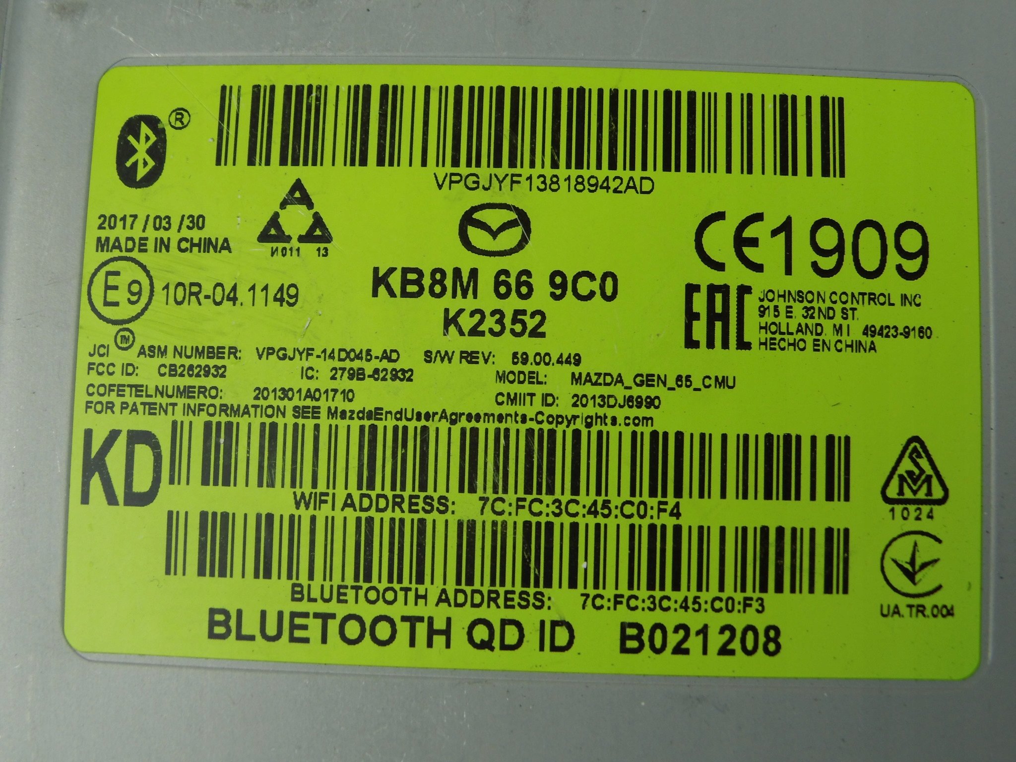 Mazda module control unit radia navigation devices KB8M669C0