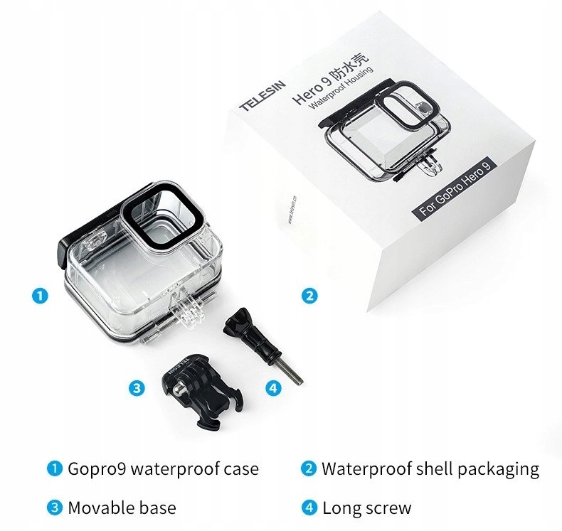 OBUDOWA OCHRONNA WODOODPORNA DO 45M TELESIN DLA GOPRO HERO 9 / 10 / 11 / 12 Głębokość produktu 5 cm
