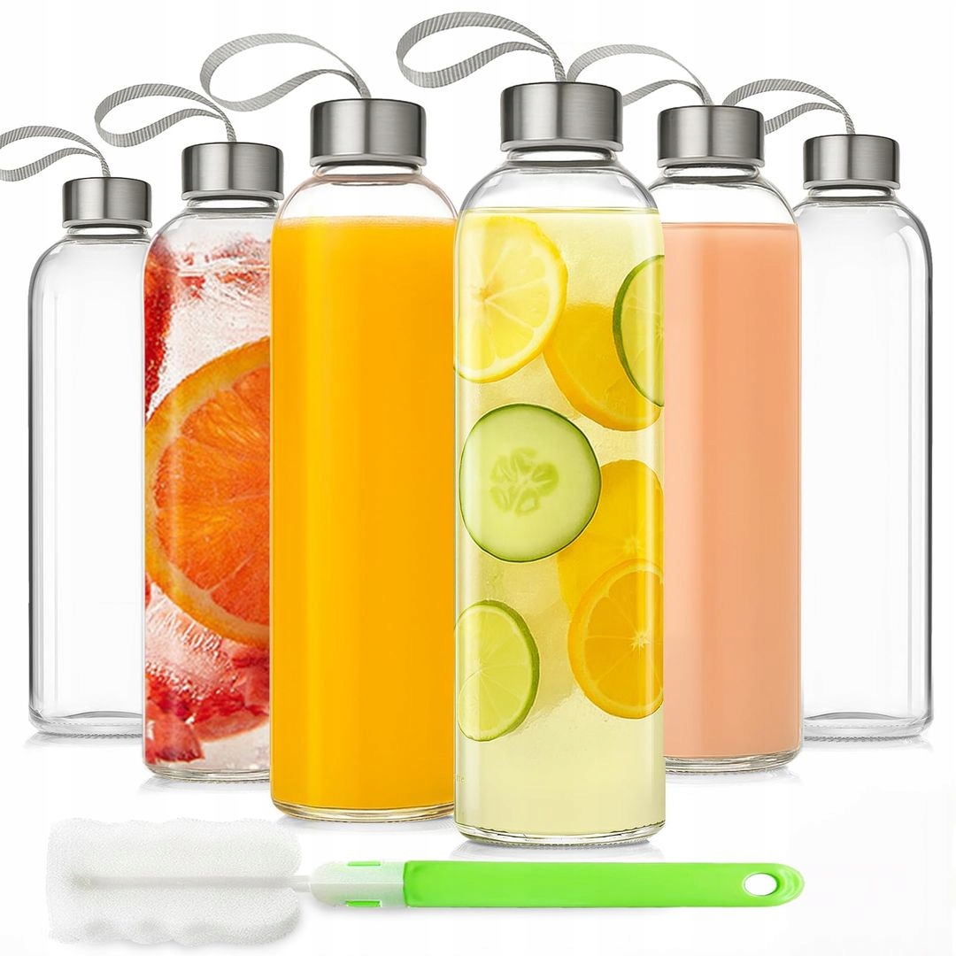 6 x Szklana Butelka Na Sok Z Zakrętką 500 ml I Uchwytem Pasek