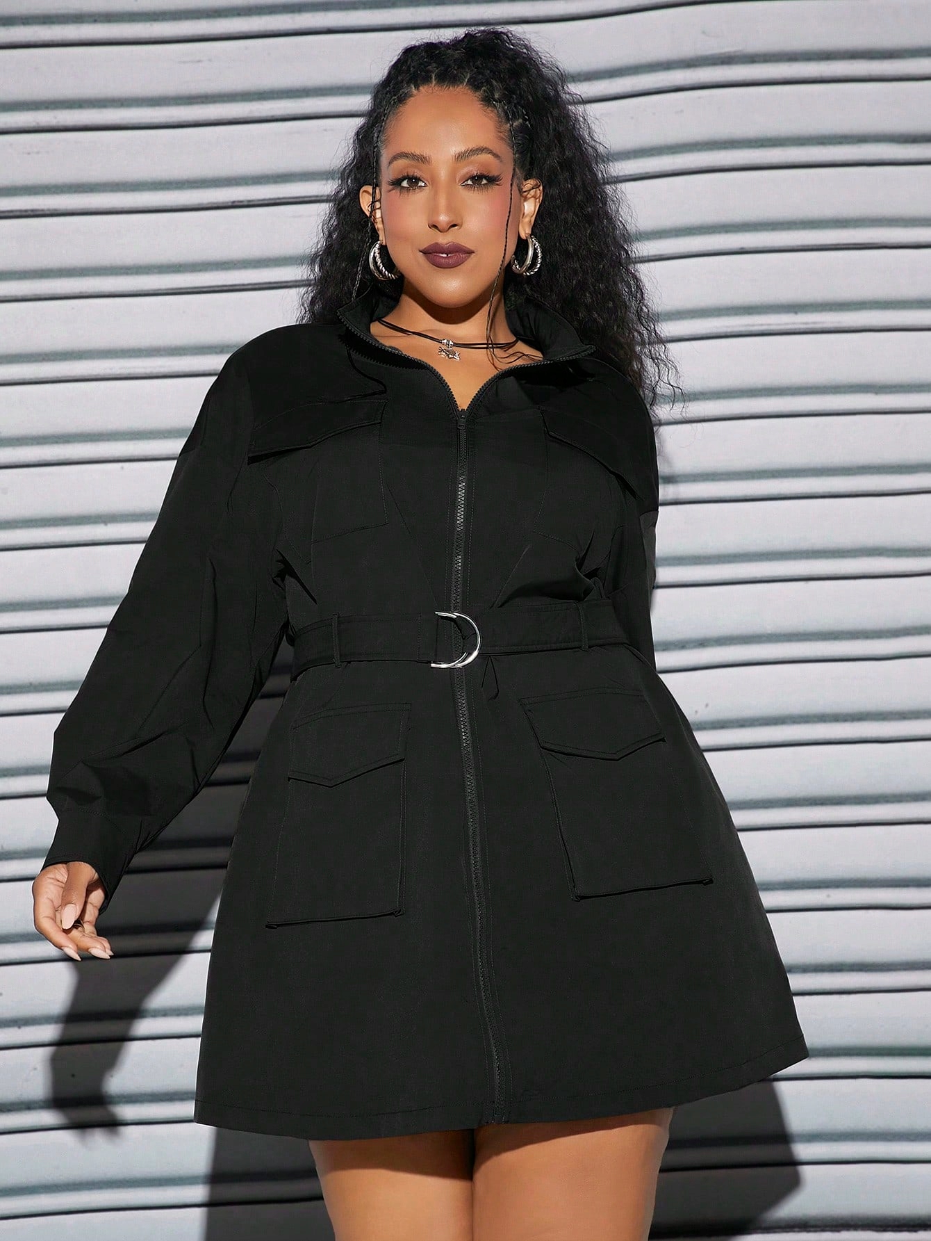 Šaty Cargo Se Stojáčkem Rozepínací Plus Size Černá Shein 56/58