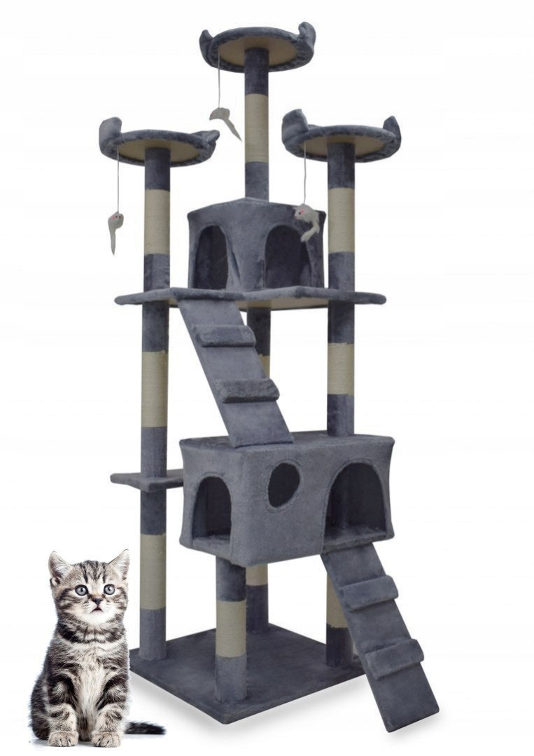 Levně Škrabadlo pro kočky 170 cm šedý stromek domeček pelíšek sisalové sloupky