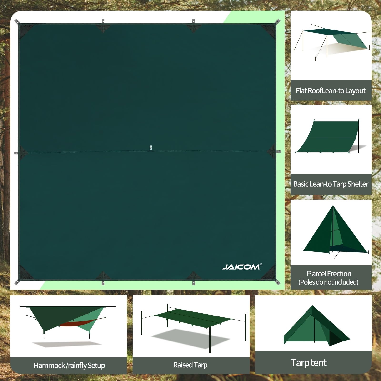 JAICOM Tarp Wodoodporny 3x3M Lekki Namiot UV Ochrona Do Biwakowania — miniatura 3