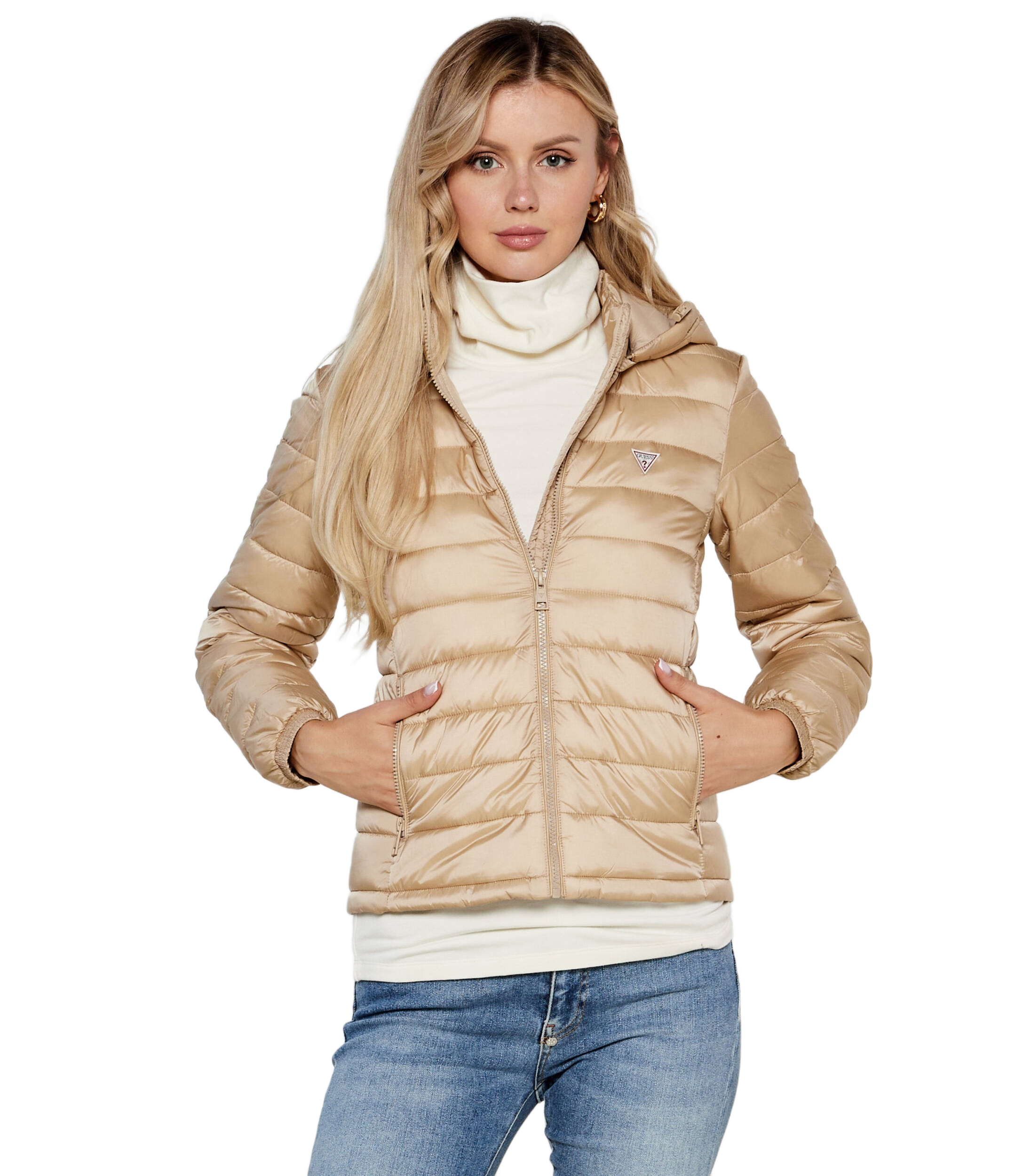 Guess Béžová Prošívaná Bunda S Kapucí Na Zip XXL