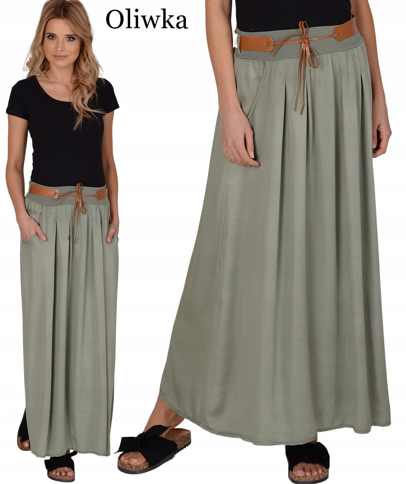 MAXI DŁUGA ZWIEWNA SPÓDNICA z paskiem OLIWKA Marka Alur