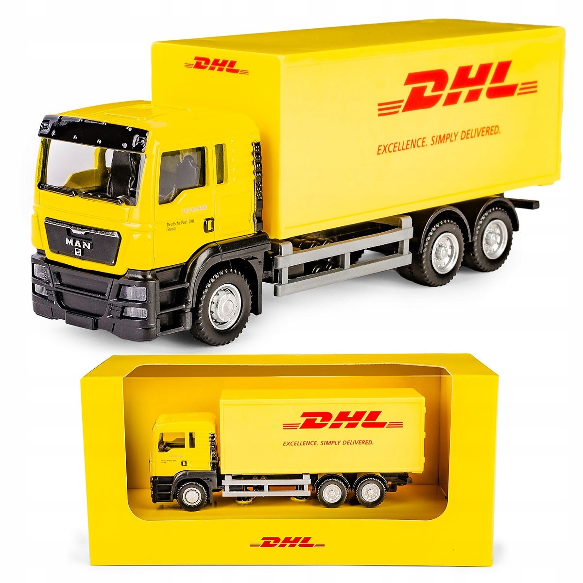 AUTO METALOWE CIĘŻARÓWKA MAN KURIER DHL 1:64 DAFFI 113596