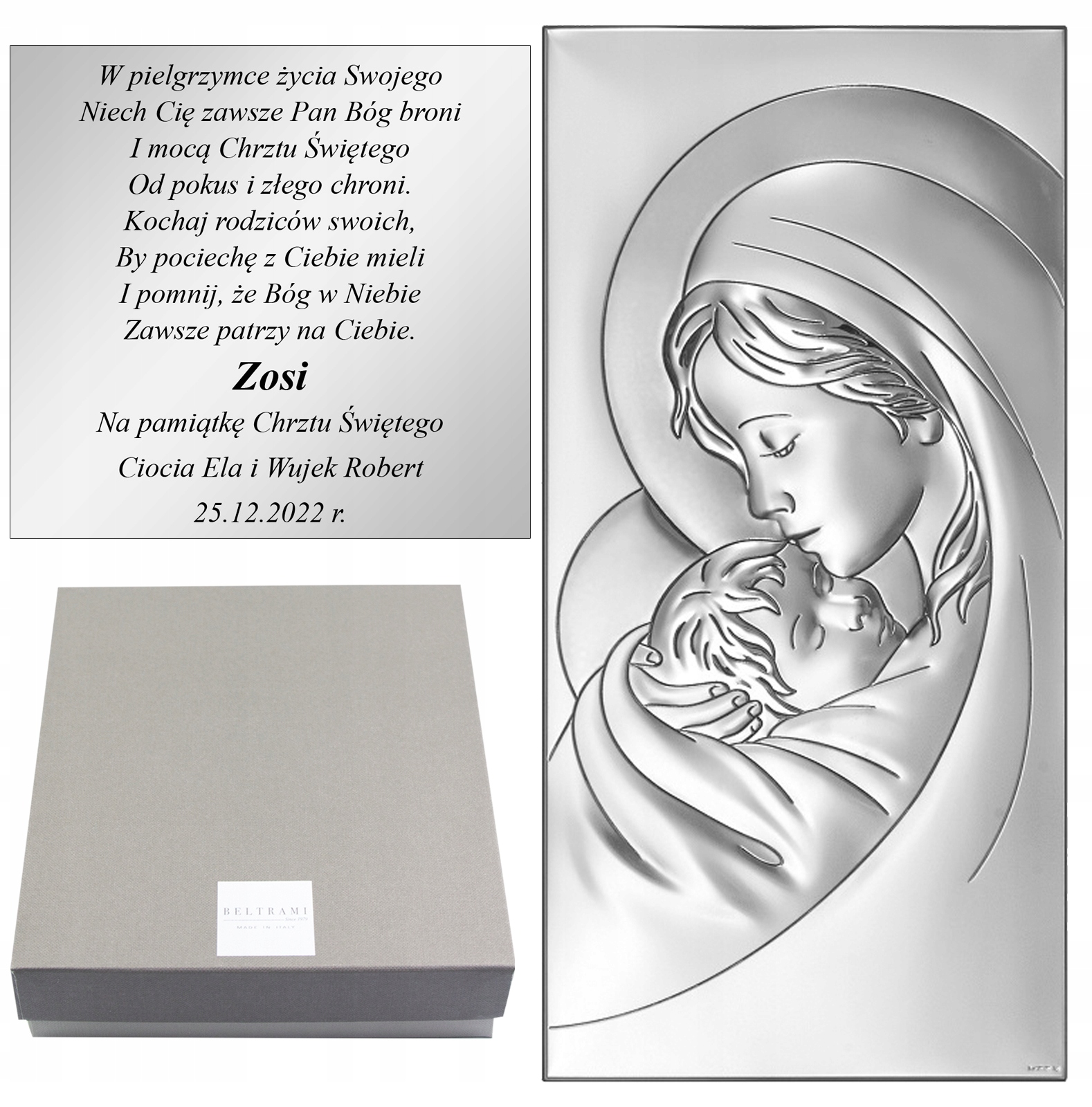 Stříbrný Obraz dárek Svatba Křest Svaté Přijímání Gravírování