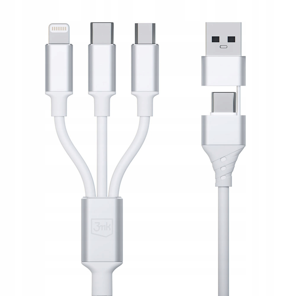 Biały Kabel USB-A/C do USB-C/Micro/Lightning 1.5m - 3mk Hyper Cable 3in1 Kolor biały
