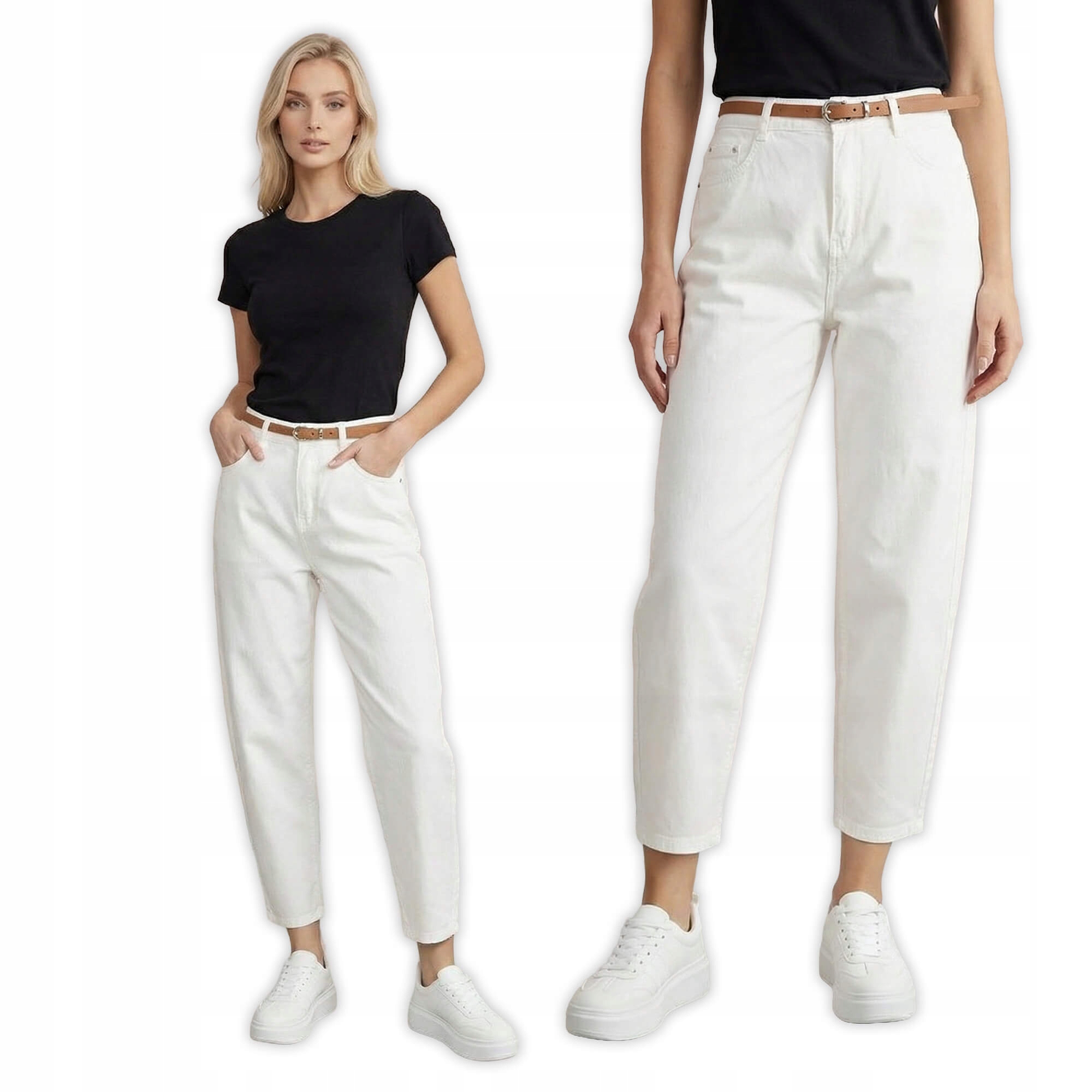 Spodnie jeans damskie M.Sara Balloon wysoki stan z paskiem Ecru L