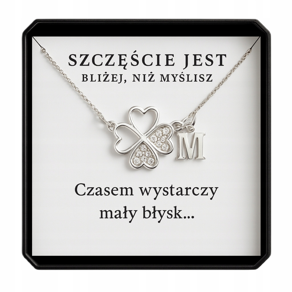 Naszyjnik srebrny Koniczynka z cyrkoniami Litera 925 na komunię