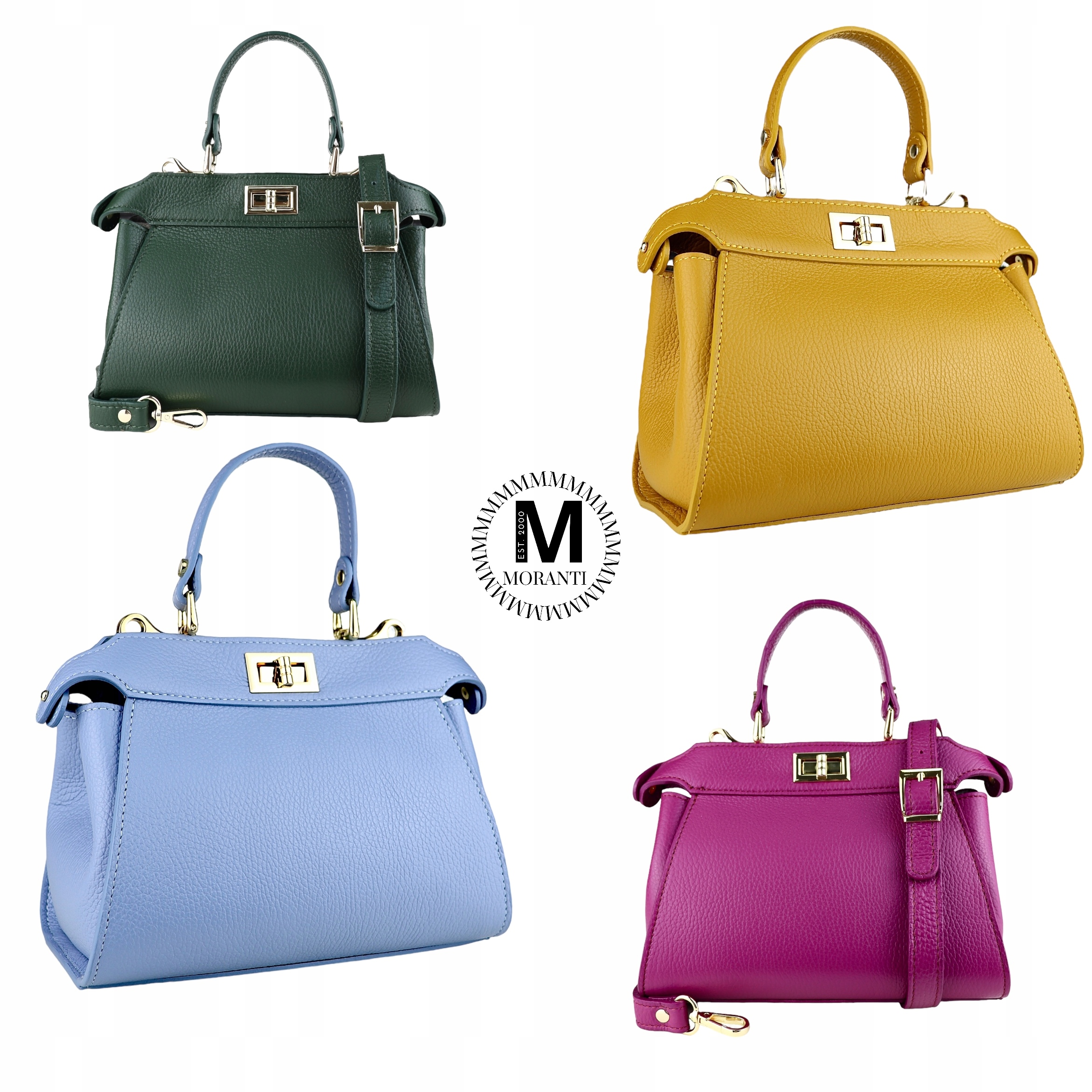 Torebka Damska, licowa skóra Judy Błękitny Kolor okuć złoty