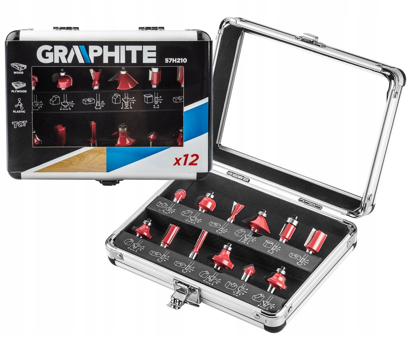 Vidlicové frézy na dřevo, stopka 8 mm, sada fréz 12 ks 57H210 Graphite