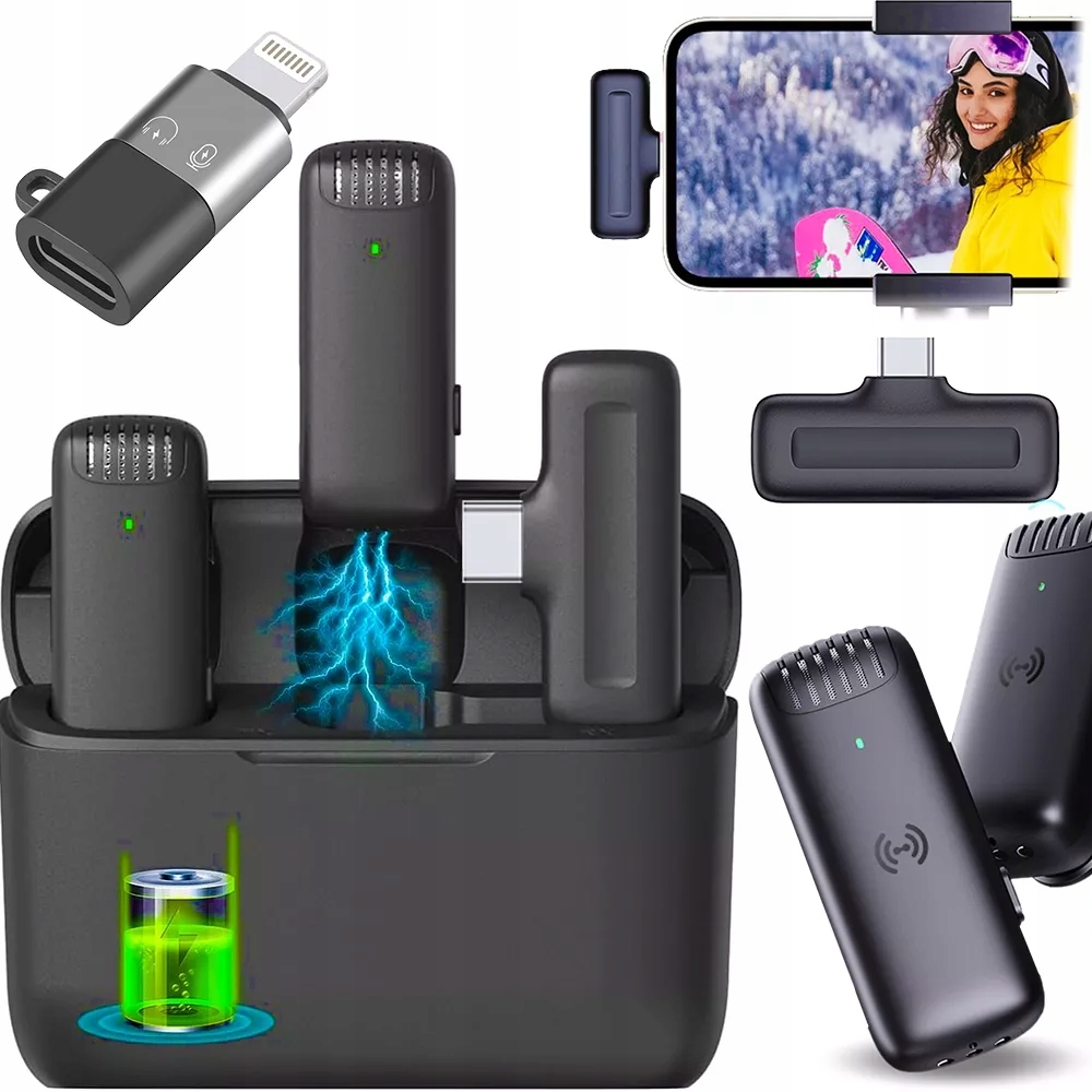 2x Mikrofon Krawatowy Bezprzewodowy - Odbiornik USB-C - Adapter do iPhone