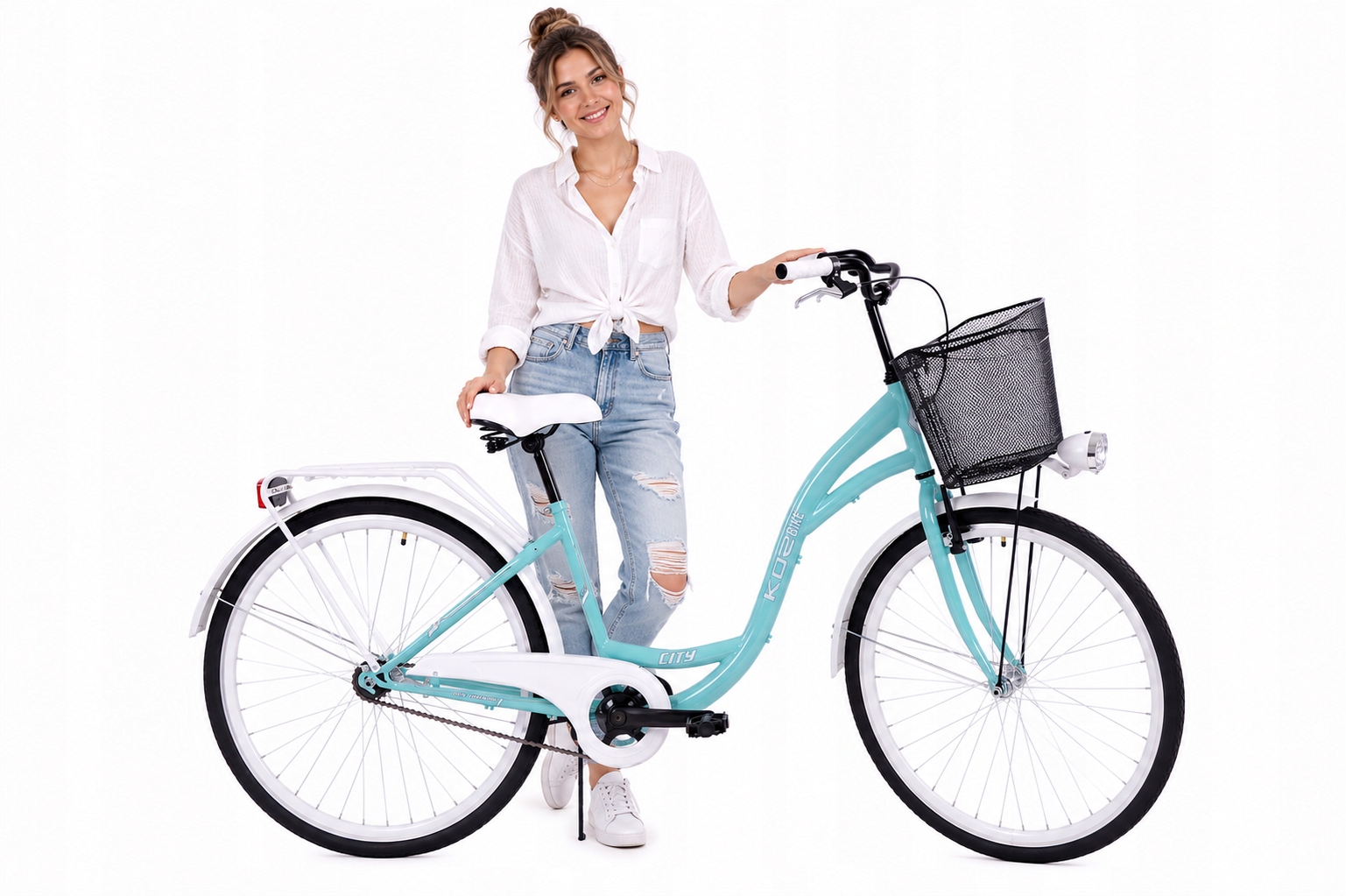 Stylowy rower miejski damski 28 Kozbike morsko-biały kosz Led