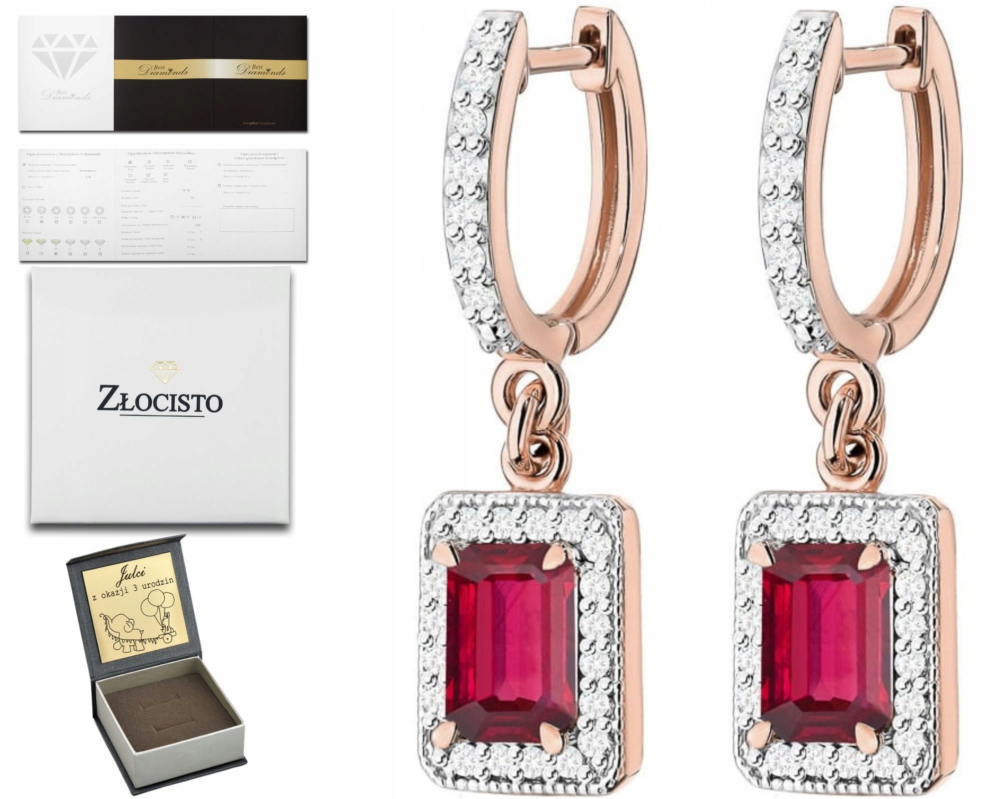 Náušnice Na Anglickém Zapínání Z Růžového Zlata Rubín Diamanty Brilianty