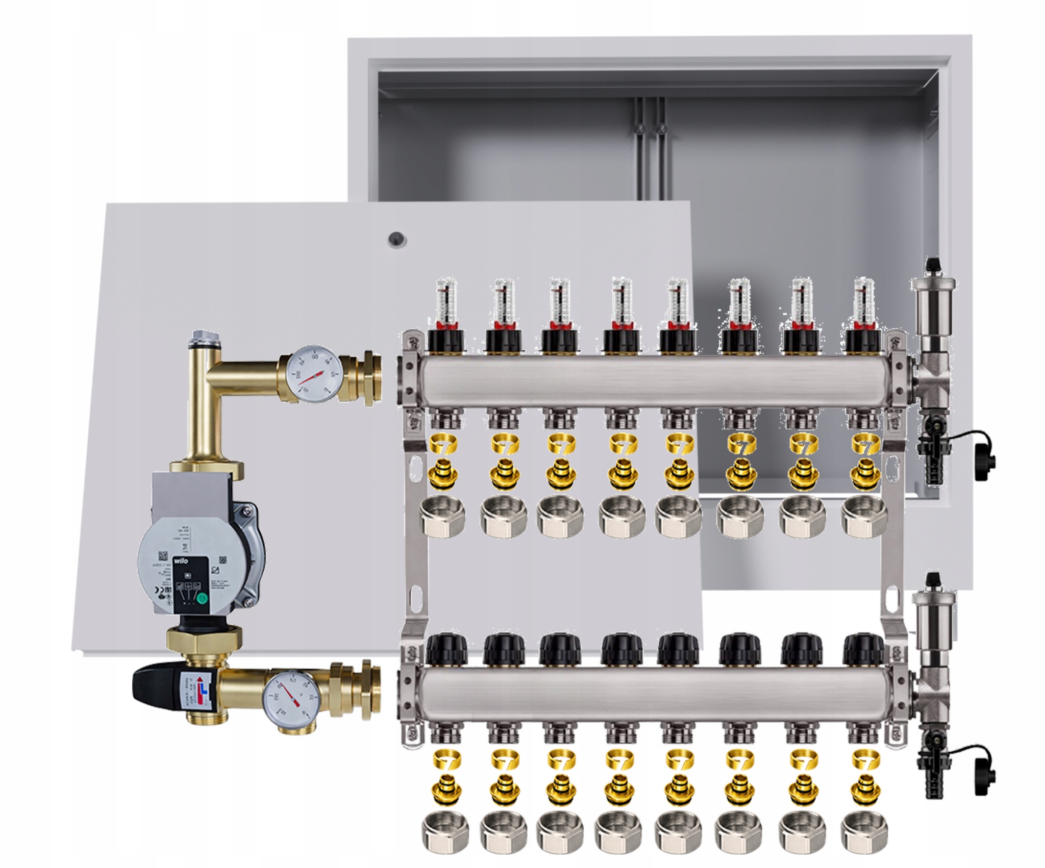 Nerezový rozdělovač pro podlahu 8 podomítková skříňka Pompa Wilo Pex