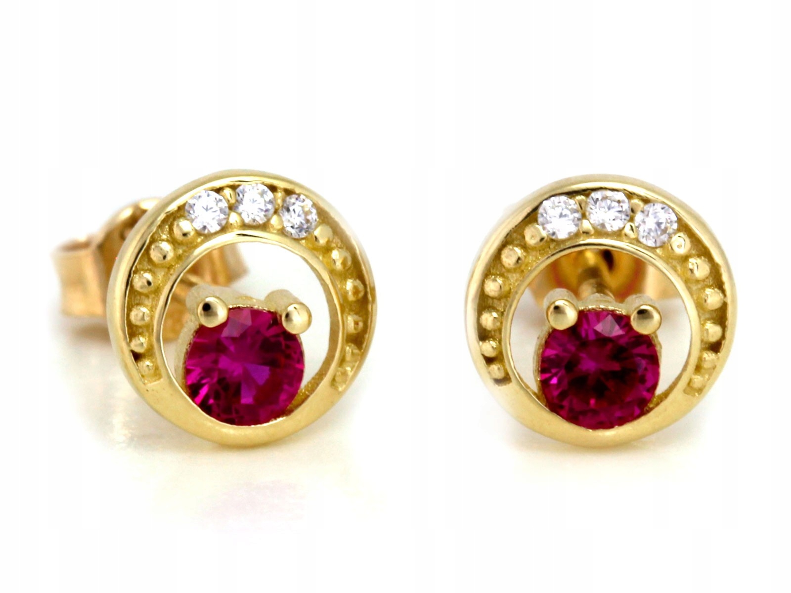 Jemné zlaté náušnice 585 14k kulaté s červeným zirkonem na tyčince 1g