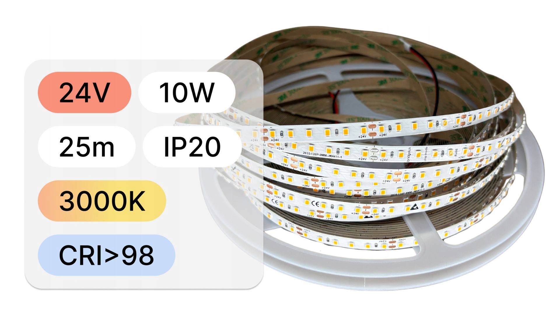 Led páska 2835 24V 10W/m 120LED/m IP20 3000K CRI98 Bridgelux – 25 m role