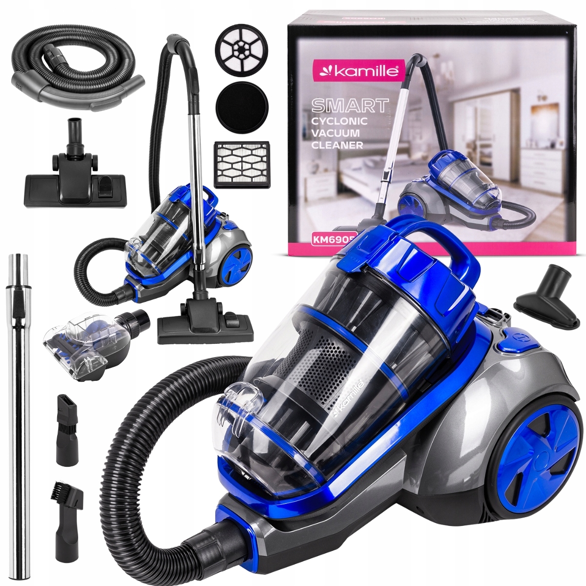 Odkurzacz Bezworkowy Cyklonowy Kamille Mocny 800W Akcesoria Filtr Hepa