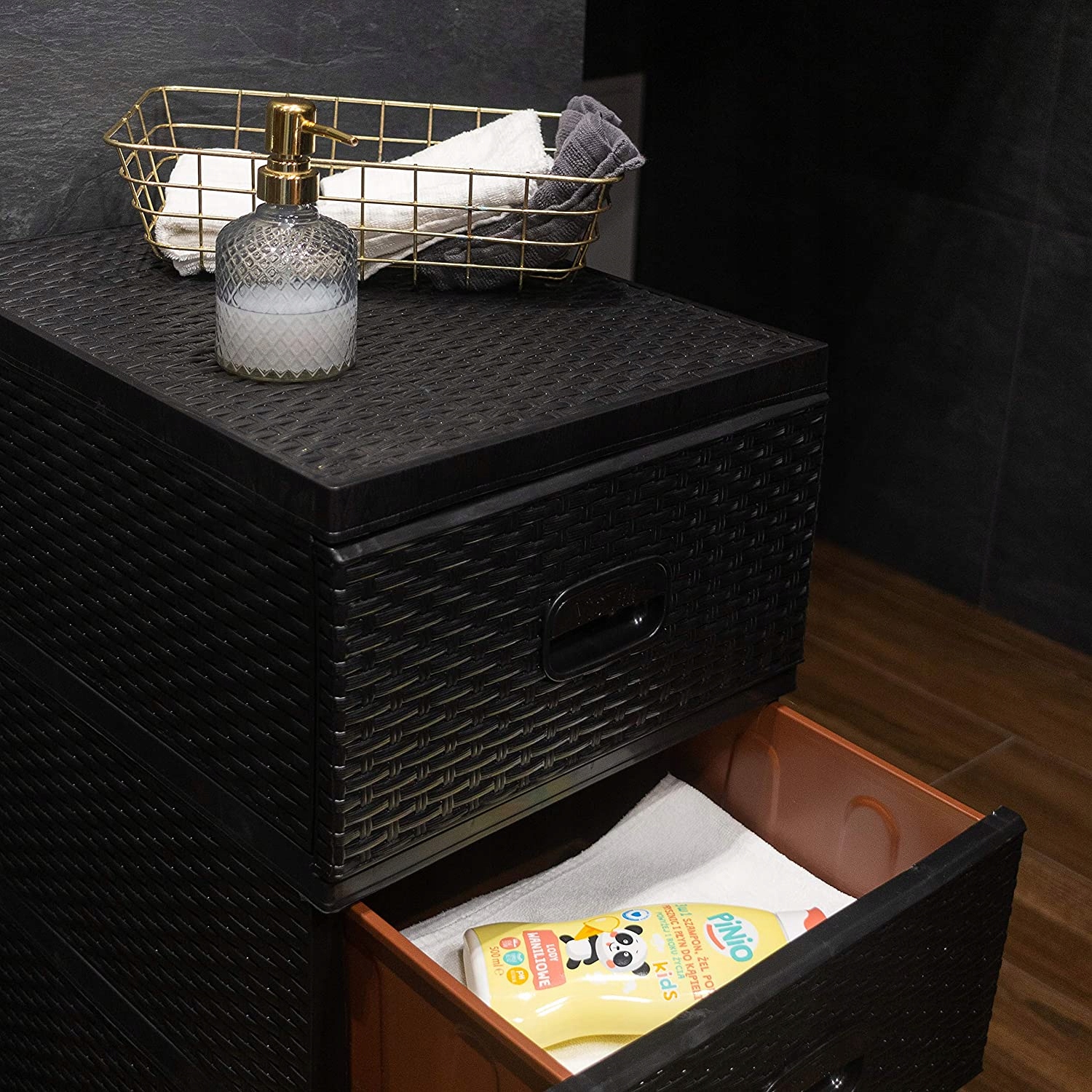 REGAŁ SZAFKA KOMODA RATTAN 4 Z SZUFLADAMI DO ŁAZIENKI DUŻA CZARNA Kod producenta 0357 CZARNA