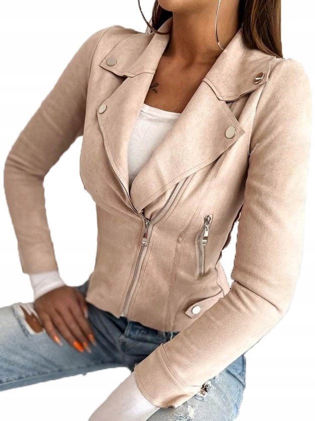 Kurtka Skórzana Zamszowa_ Ramoneska Beżowa 44/2XL Marynarka Eko-Skóra