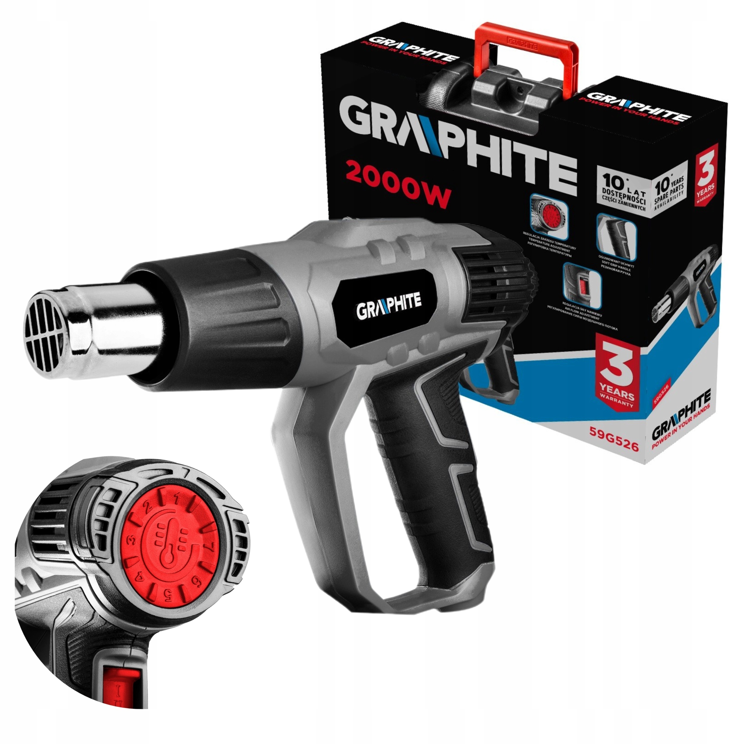 GRAPHITE OPALARKA 2000W 3 ZARKESY TEMPERATUR 550°C KABEL 3M WALIZKA 59G526 Zasilanie sieciowe