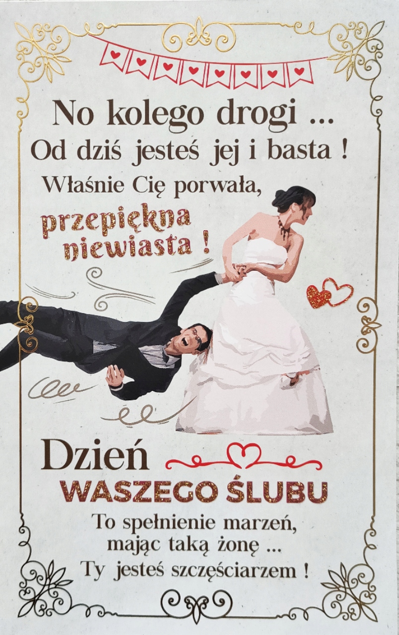 

Kartka ślubna z zabawnymi życzeniami śmieszna