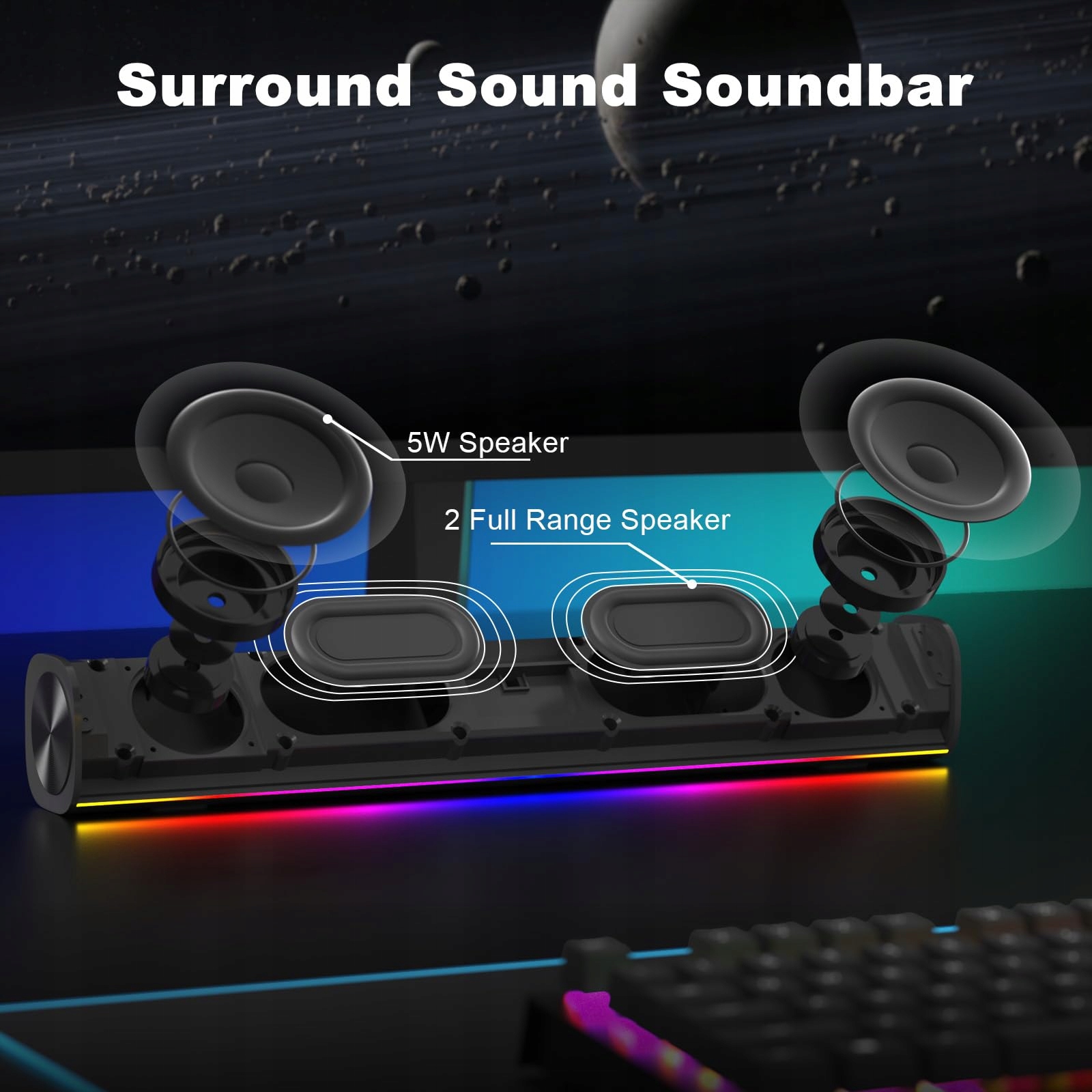 SOULION R100 Głośniki Komputerowe Bluetooth Kolorowe Światła Stereo USB — miniatura 5