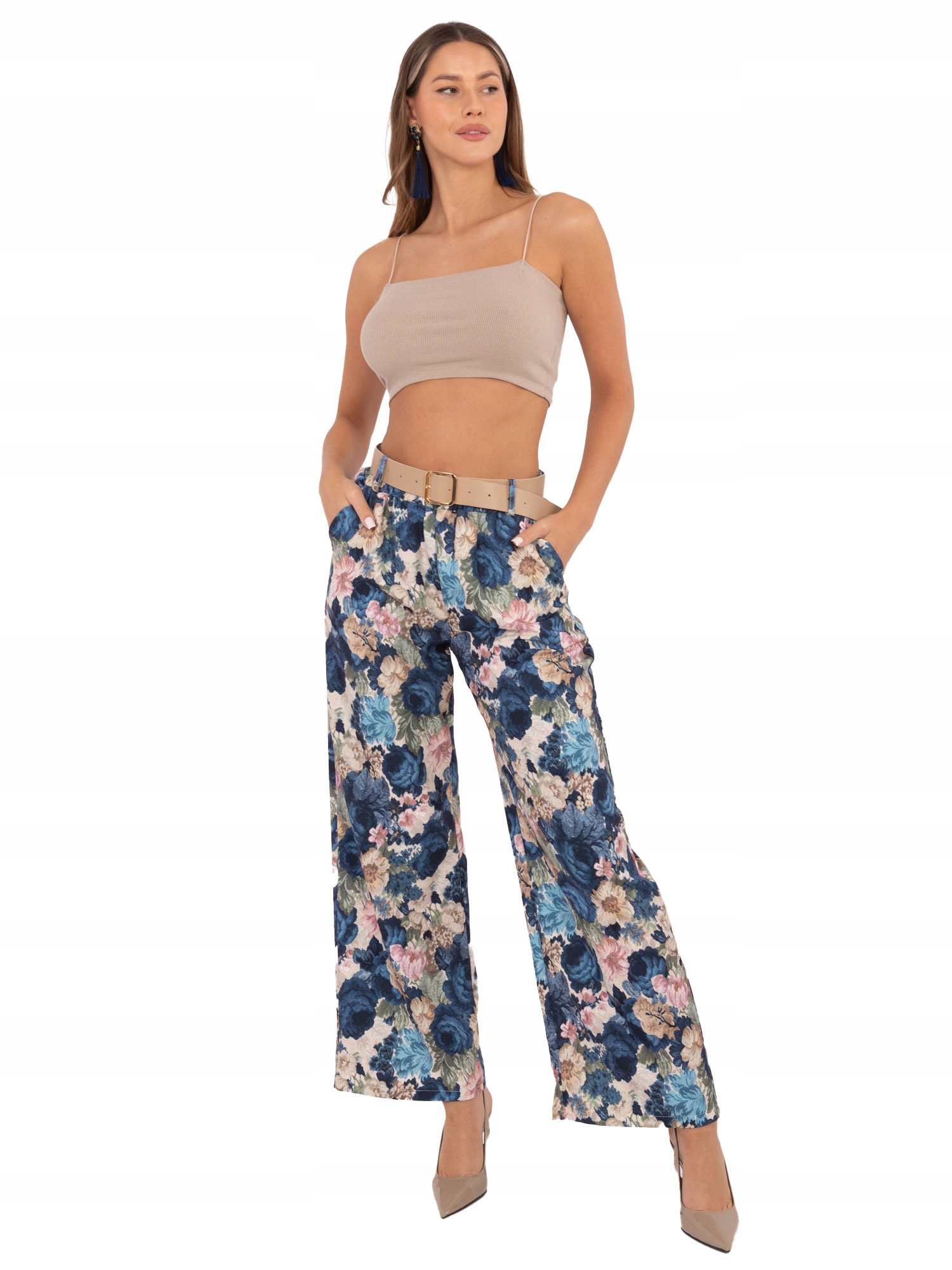 Spodnie Damskie Garniuturowe Szerokie w Kwiaty