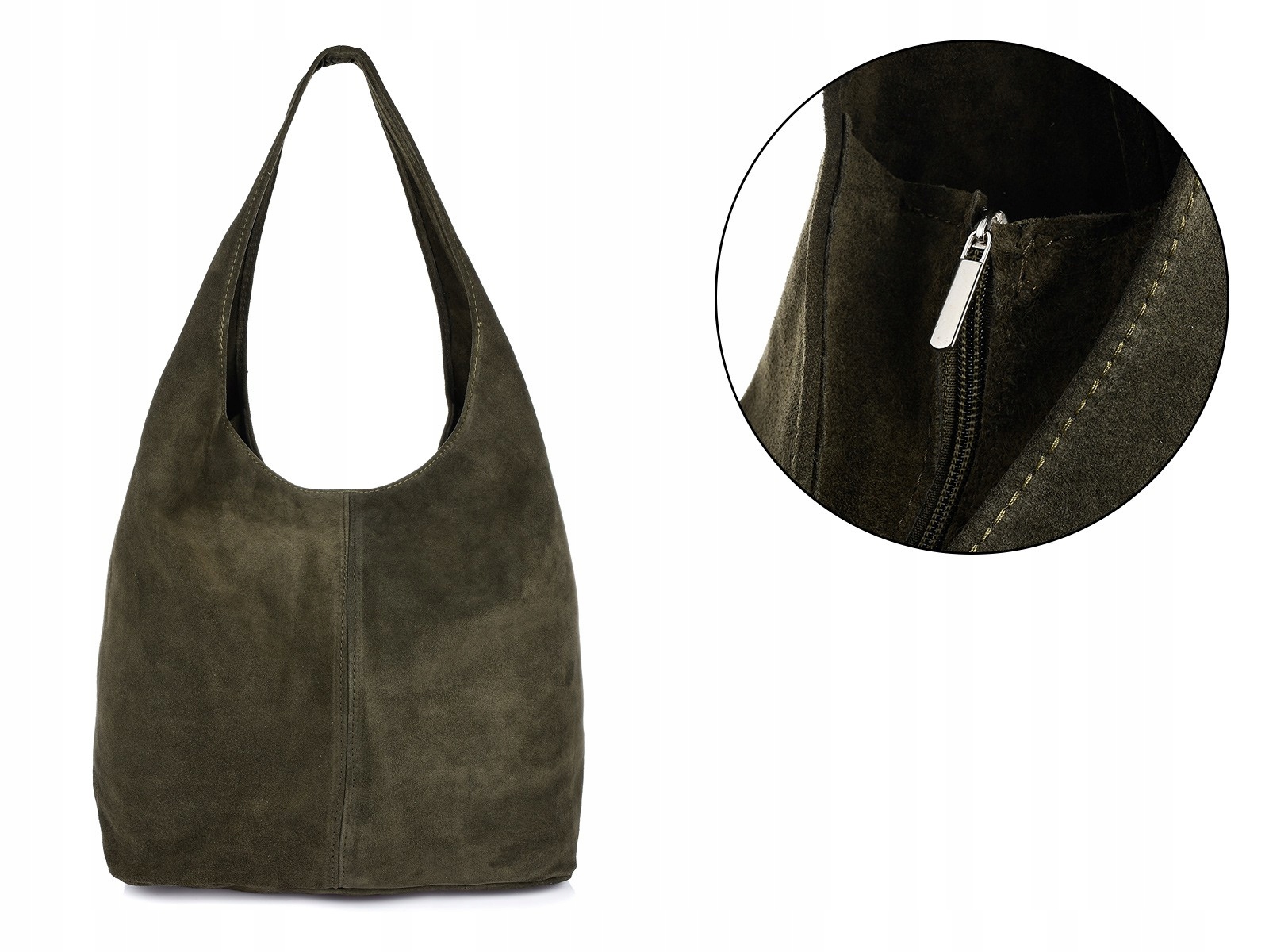 Kabelka klasického střihu, vak z přírodní semišové kůže, khaki, na jedno rameno