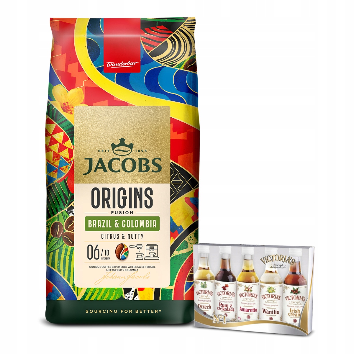 Zestaw kawa ziarnista Jacobs Origins Brazil Arabica syropy Cymes 5x50ml