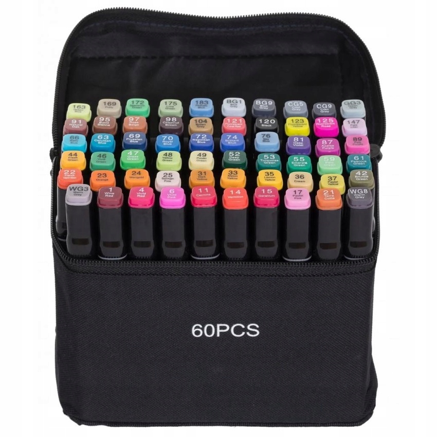MARKERY ALKOHOLOWE DWUSTRONNE 60szt + ETUI + PODSTAWKA