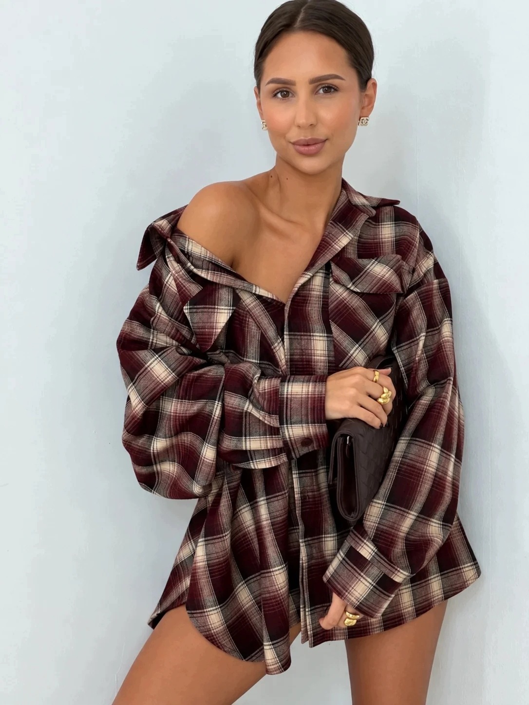 [vel. univerzální] Dámská košile Emo oversize s kostkovaným kaštanem