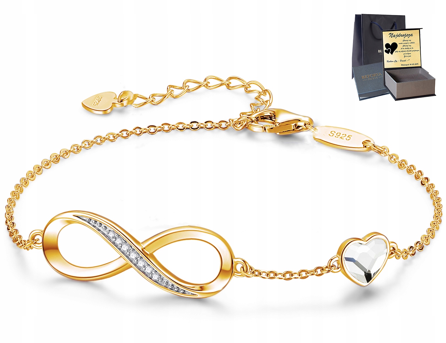 

Infinity Bransoletka Serce Swarovski Srebro Grawer