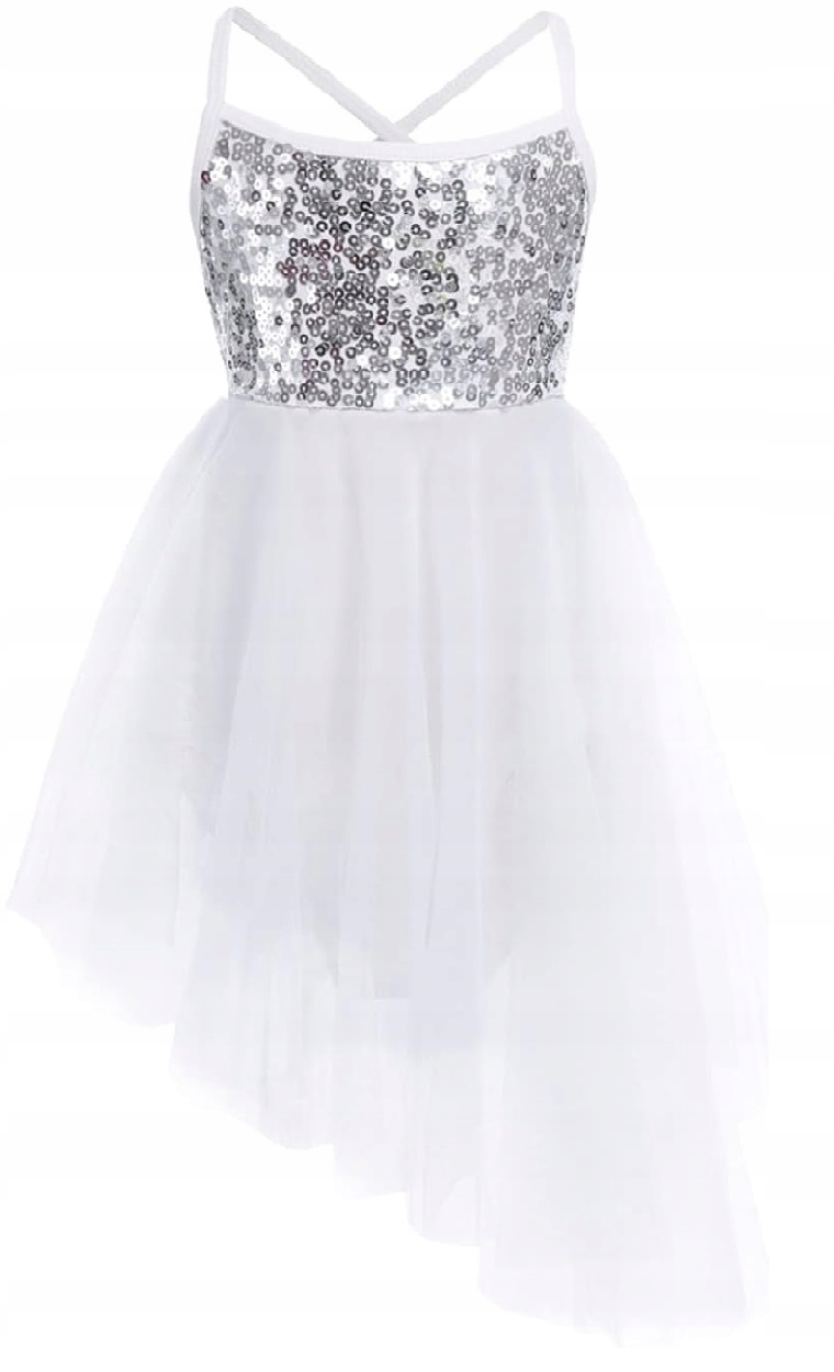 Sukienka Asymetryczna Body Balet Tiul Cekiny Biała 140/146