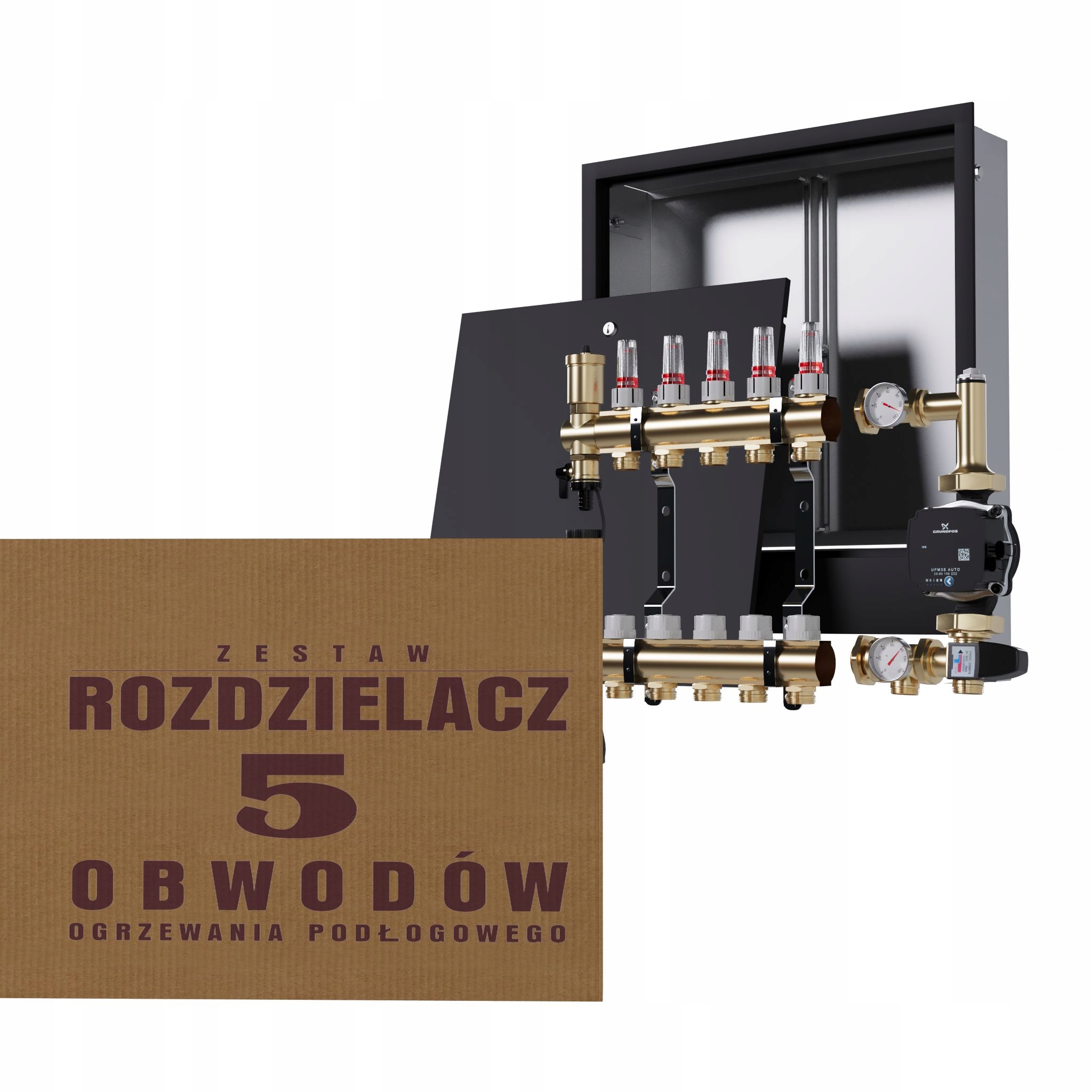 Rozdělovač pro podlahovku 5 okruhů se skupinou Grundfos podomítkový černý