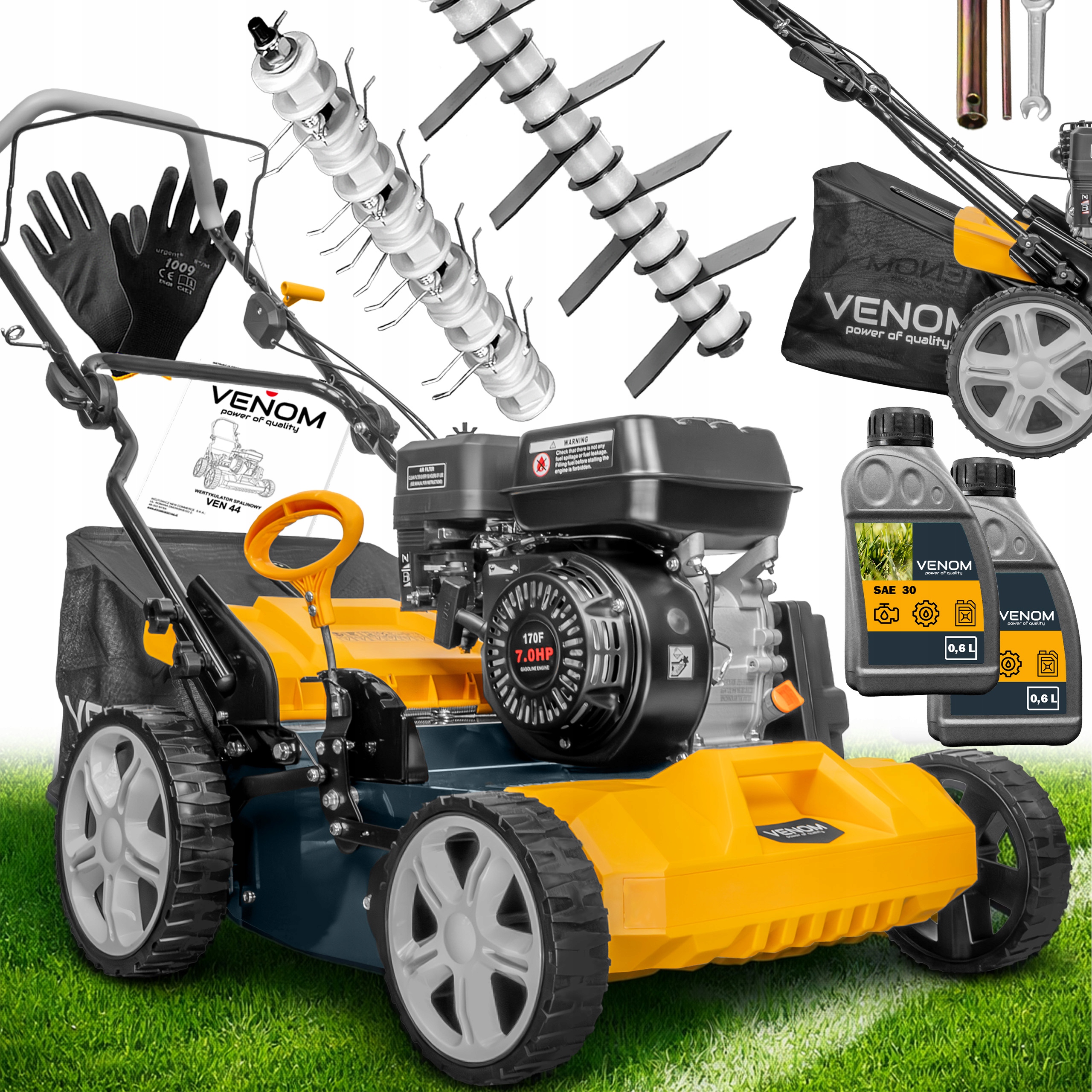 PROFESJONALNY WERTYKULATOR AERATOR SPALINOWY VENOM MOC 211cc 44cm 2 WAŁKI