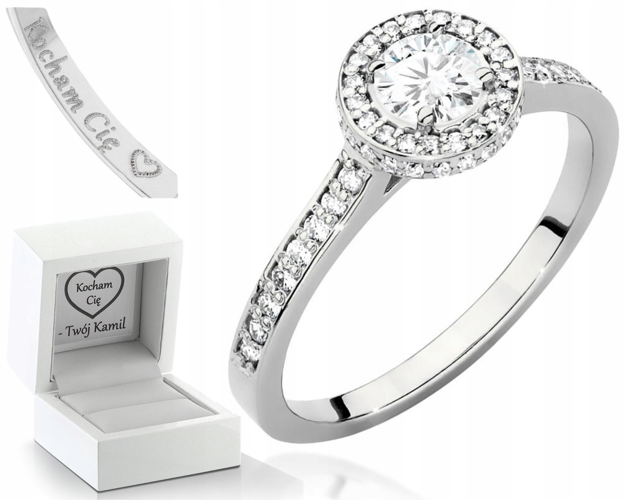 Bílé Zlato Prstýnek S Diamanty 585 Gravírování